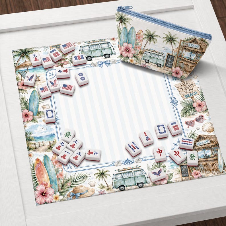 May include: A beach-themed mahjong set with a matching zippered pouch. The set includes tiles with Chinese characters and American flag designs, a play mat with a beach scene, and the text "LIFE IS BETTER AT THE BEACH".