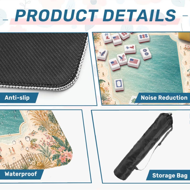 Puede incluir: Imagen que muestra los detalles del producto, incluyendo antideslizante, reducci&oacute;n de ruido e impermeabilidad. Tambi&eacute;n se muestra una bolsa de almacenamiento. Se muestra el texto "PRODUCT DETAILS". La imagen muestra un tablero de juego con fichas.