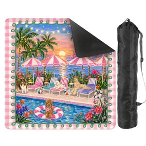 May include: A picnic blanket featuring a beach scene with dogs, palm trees, and parasols. The illustration shows a pool, sunset, and sailboats. A black carry bag is included for easy transport.