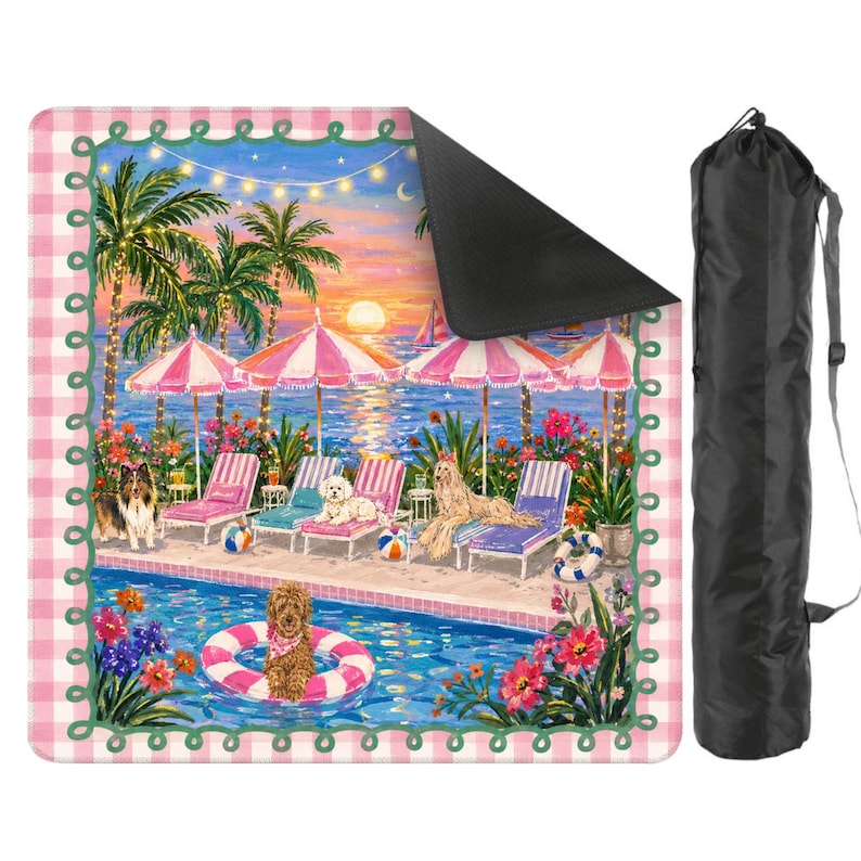 May include: A picnic blanket featuring a beach scene with dogs, palm trees, and parasols. The illustration shows a pool, sunset, and sailboats. A black carry bag is included for easy transport.