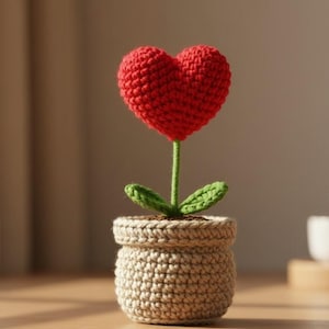 Virkad hjärtväxt - Amigurumi-blomkruka, handgjord alla hjärtans dag-present till henne, söt hjärtformad skrivbordsdekoration