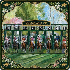 May include: A square decorative tray featuring a painting of horse racing at Keeneland. The scene shows jockeys on horses exiting starting gates numbered 3 through 10. The border is dark green with gold filigree and floral accents.