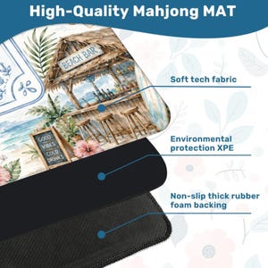 May include: A high-quality Mahjong mat featuring a beach bar scene with the text "Good Vibes Cold Drinks." The mat has a soft tech fabric, environmental protection XPE, and a non-slip thick rubber foam backing.