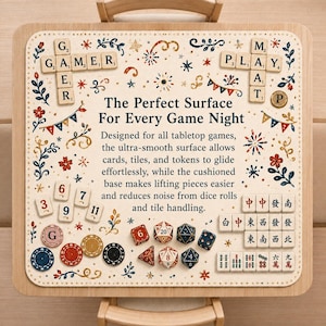 May include: A wooden game night surface with the text "The Perfect Surface For Every Game Night." The surface is decorated with game pieces, including dice, tiles, and poker chips. The surface is designed for tabletop games.