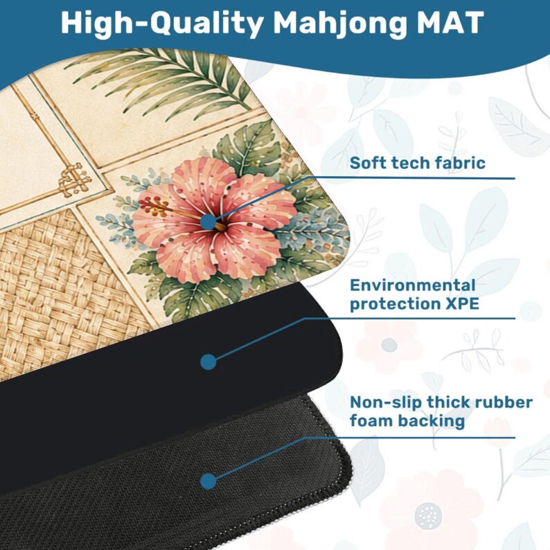 K&ouml;nnte beinhalten: Hochwertige Mahjong-Matte mit floralem Design, das eine gro&szlig;e rosa Hibiskusbl&uuml;te und gr&uuml;ne Bl&auml;tter zeigt. Die Matte hat eine Oberfl&auml;che aus weichem Tech-Gewebe, Umweltschutz XPE und eine rutschfeste, dicke Schaumstoffr&uuml;cken.