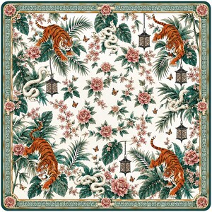 May include: A square scarf featuring a cream background with a repeating pattern of orange tigers, white snakes, pink peonies, green palm leaves, and hanging black lanterns. The border is a dark green frame with a gold geometric Greek key design.