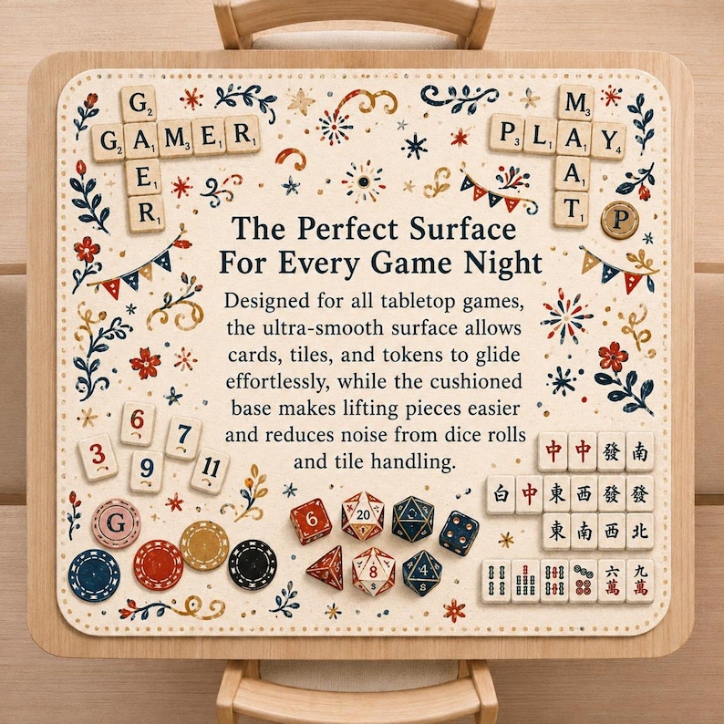 May include: A square game mat with a cream-coloured surface featuring floral patterns, bunting, and text that reads: The Perfect Surface For Every Game Night. The mat is decorated with scattered game tiles, numbered tokens, poker chips, and polyhedral dice.