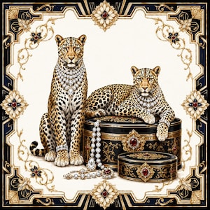 Op de afbeelding: Twee luipaarden met gevlekte vacht dragen diamanten kettingen en armbanden, naast twee zwarte en gouden versierde ronde dozen. Een lange diamanten ketting met een druppelvormige hanger ligt op de dozen, alles omringd door een decoratieve rand.