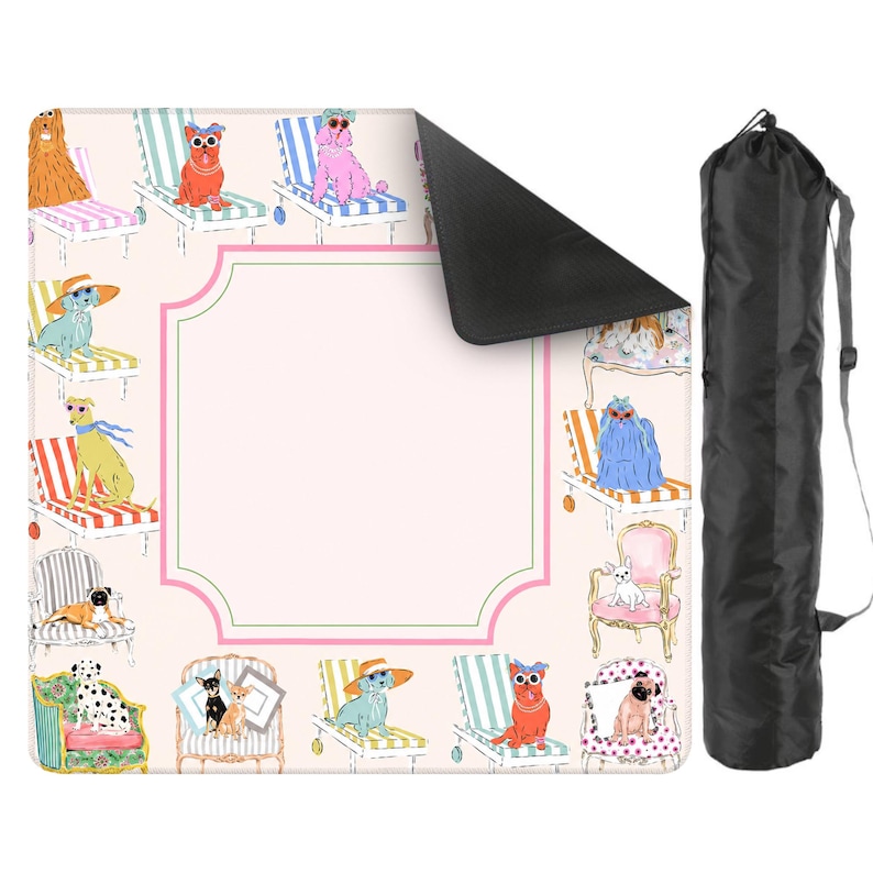 May include: A light pink yoga mat featuring a whimsical illustration of dogs relaxing on beach chairs. The mat has a blank, framed space for personalization and comes with a black carrying bag with a shoulder strap. The dogs are wearing sunglasses and hats.