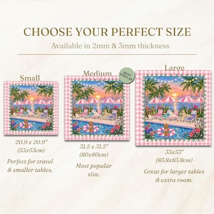 May include: Image of three square decorative items with a pool scene, palm trees, and dogs. Sizes are 53x53cm, 80x80cm, and 83.8x83.8cm. Text reads "Choose Your Perfect Size" and "Available in 2mm & 3mm thickness."