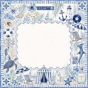 May include: Watercolor illustration with a beach theme. Features a blue and white striped border with various beach elements, including a lighthouse, sailboat, and starfish. The text "OCEAN BLVD" is visible.