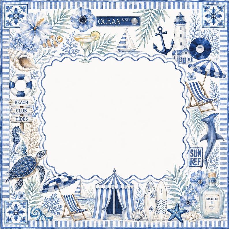 May include: Watercolor illustration with a beach theme. Features a blue and white striped border with various beach elements, including a lighthouse, sailboat, and starfish. The text "OCEAN BLVD" is visible.