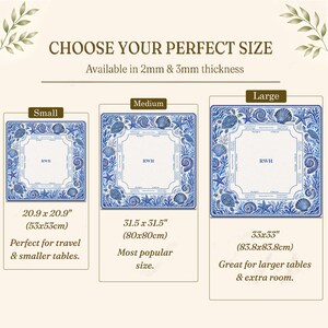 May include: A square mat with a blue and white nautical shell and sea turtle border, featuring the letters RWH in the center. Available in 2mm and 3mm thicknesses, with sizes including 20.9 x 20.9 inches, 31.5 x 31.5 inches, and 33 x 33 inches.