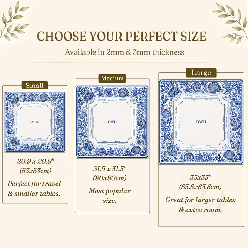 May include: A square mat with a blue and white nautical shell and sea turtle border, featuring the letters RWH in the center. Available in 2mm and 3mm thicknesses, with sizes including 20.9 x 20.9 inches, 31.5 x 31.5 inches, and 33 x 33 inches.