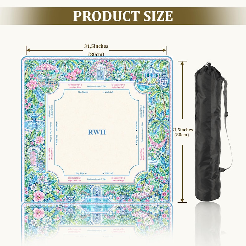 May include: A square mahjong mat measuring 31.5 inches by 31.5 inches with a colorful floral and garden border, a central cream area with the letters RWH, and game instructions. It includes a black cylindrical carrying bag with a shoulder strap.