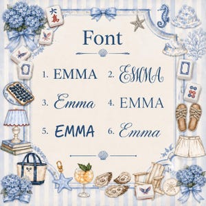 May include: A decorative illustration with a blue and white striped background. The word "Font" is displayed above six variations of the name "EMMA" in different fonts. The image includes beach-themed elements like seashells, a seahorse, and a beach bag.