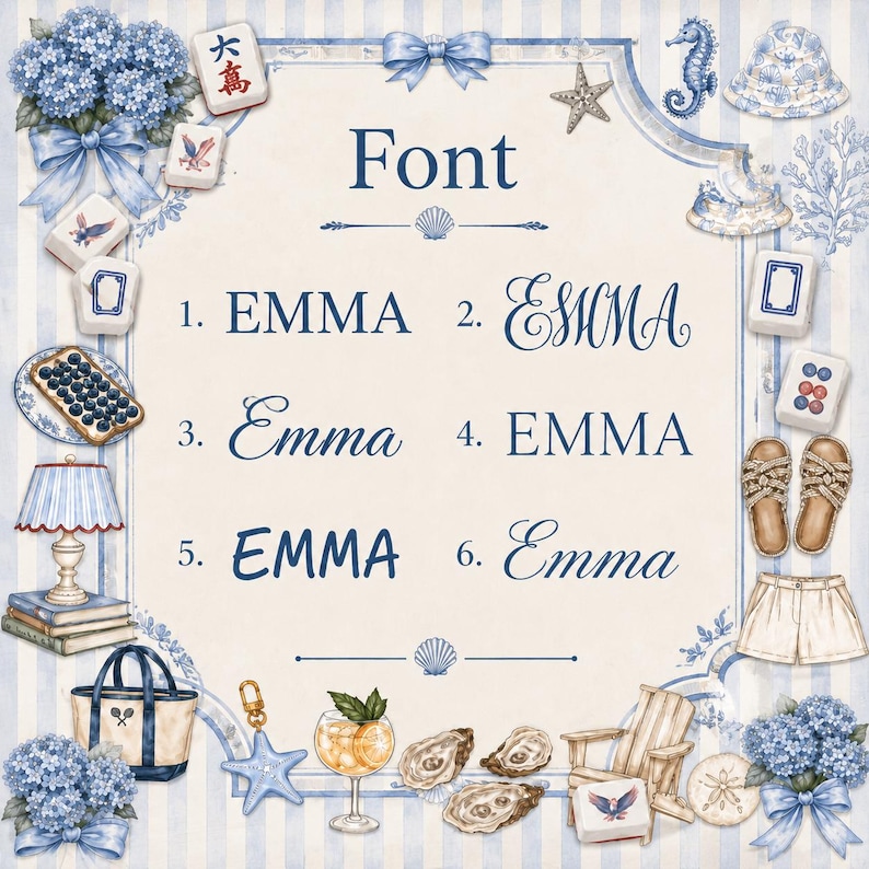 May include: A decorative illustration with a blue and white striped background. The word "Font" is displayed above six variations of the name "EMMA" in different fonts. The image includes beach-themed elements like seashells, a seahorse, and a beach bag.