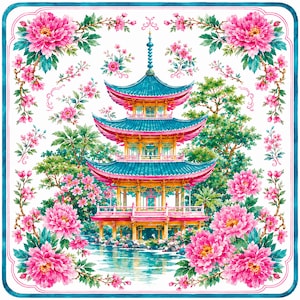 May include: A square decorative textile featuring a central multi-tiered pagoda with teal roofs and yellow pillars, surrounded by vibrant pink peony blossoms and green foliage. The design is framed by a thin teal border on a white background.