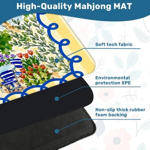Puede incluir: Una alfombrilla de Mahjong de alta calidad con un dise&ntilde;o esc&eacute;nico que presenta una escena de caf&eacute; con sillas azules, flores rojas y follaje verde. La alfombrilla tiene una tela t&eacute;cnica suave, protecci&oacute;n ambiental XPE y un respaldo de espuma de goma gruesa antideslizante.