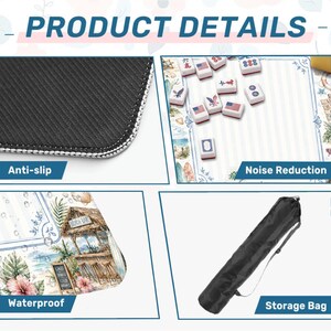 May include: Product details image showing a black anti-slip mat, a mahjong game with tiles, a waterproof mat with a beach bar scene, and a black storage bag. The image includes the text "PRODUCT DETAILS", "Anti-slip", "Noise Reduction", "Waterproof", and "Storage Bag".