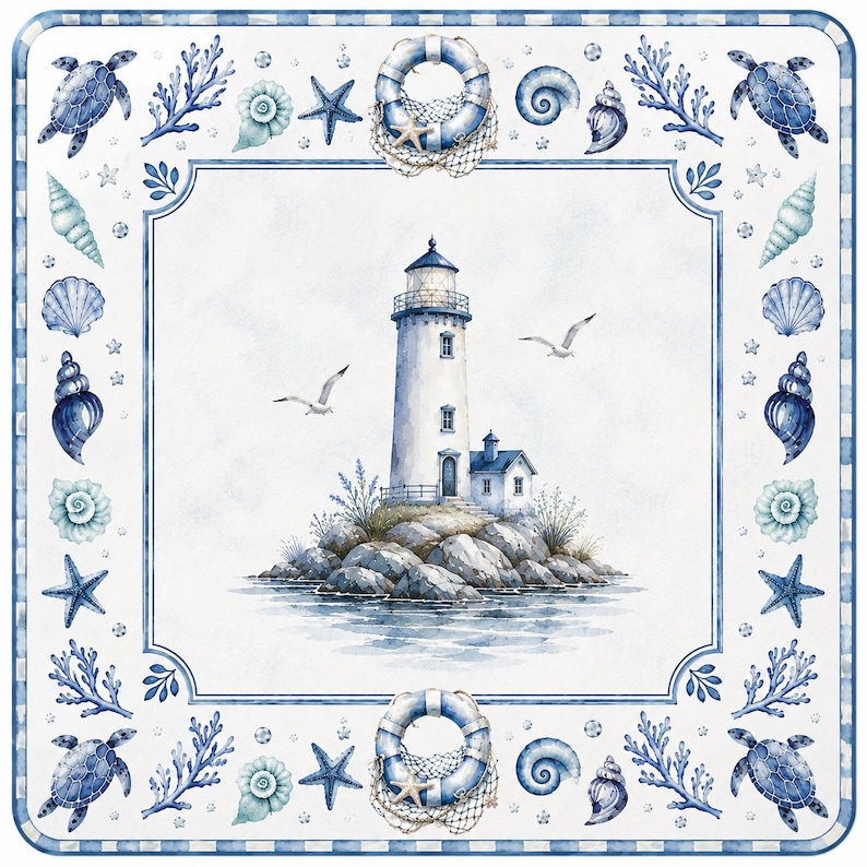 Puede incluir: Ilustraci&oacute;n en acuarela de un faro en una isla rocosa, con gaviotas volando. El borde presenta elementos n&aacute;uticos como conchas marinas, estrellas de mar, tortugas y salvavidas en tonos azules y blancos.