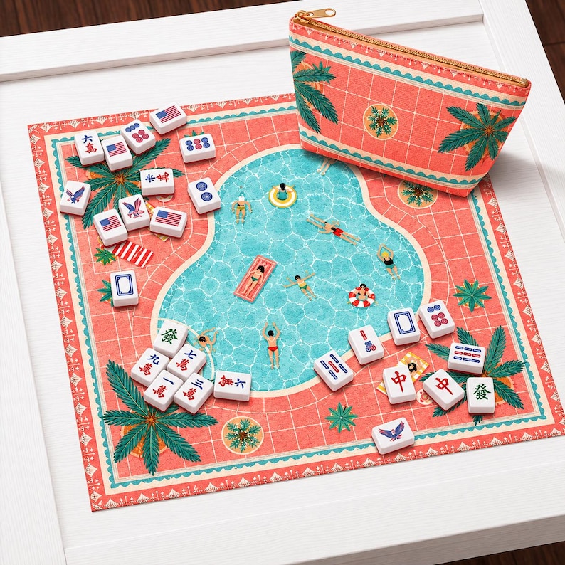 May include: A mahjong set featuring a rectangular zippered pouch with a coral and palm tree print, and a matching game mat depicting a swimming pool scene with swimmers. The set includes white tiles with various symbols, American flags, and birds.