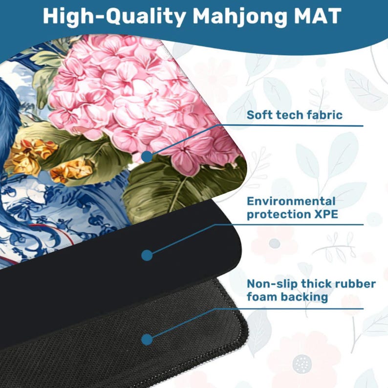 May include: A high-quality Mahjong mat with a floral design featuring pink hydrangeas and blue and white patterns. The mat has a soft tech fabric surface, environmental protection XPE, and a non-slip thick rubber foam backing.