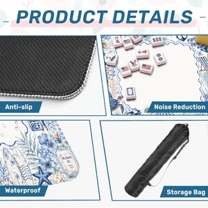 May include: Product details image with four sections. Top left shows a close-up of the anti-slip surface. Top right shows mahjong tiles. Bottom left shows a waterproof design. Bottom right shows a storage bag.