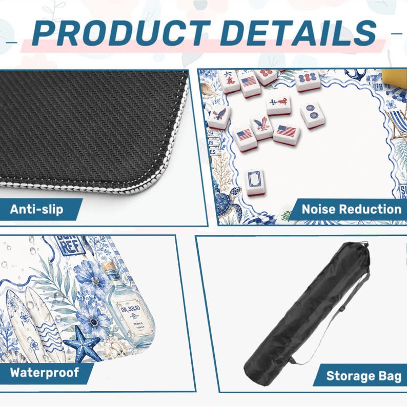 May include: Product details image with four sections. Top left shows a close-up of the anti-slip surface. Top right shows mahjong tiles. Bottom left shows a waterproof design. Bottom right shows a storage bag.