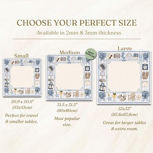 May include: Image showing three square placemats with a coastal theme, each with a different size: 20.9 x 20.9 inches, 31.5 x 31.5 inches, and 33 x 33 inches. The placemats have a blue and white border with beach-themed illustrations.