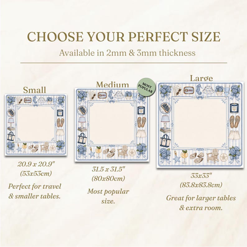 May include: Image showing three square placemats with a coastal theme, each with a different size: 20.9 x 20.9 inches, 31.5 x 31.5 inches, and 33 x 33 inches. The placemats have a blue and white border with beach-themed illustrations.