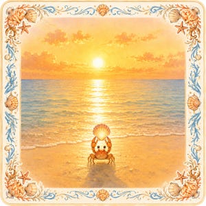 May include: A square illustration featuring a crab holding a seashell on a sandy beach at sunset. The scene is framed by a decorative border of blue coral, starfish, and various seashells against a warm, golden-toned coastal horizon.