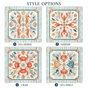 May include: Square nautical-themed designs with various sea creatures and shells. Each design features a central image of a seahorse, shrimp, crab, or seashell, surrounded by nautical elements and a striped border. The text "STYLE OPTIONS" is at the top.