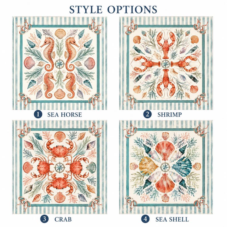 May include: Square nautical-themed designs with various sea creatures and shells. Each design features a central image of a seahorse, shrimp, crab, or seashell, surrounded by nautical elements and a striped border. The text "STYLE OPTIONS" is at the top.