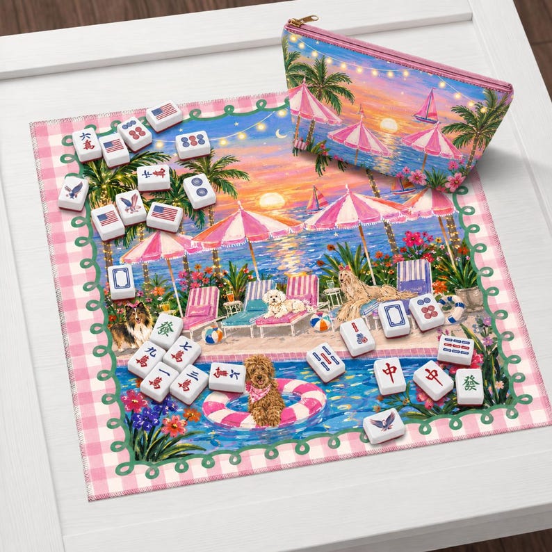 May include: A beach-themed Mahjong set with tiles featuring American flag designs and Chinese characters. The set includes a pink zippered pouch with a beach scene, a pink and white checkered mat, and a dog in a pool float.