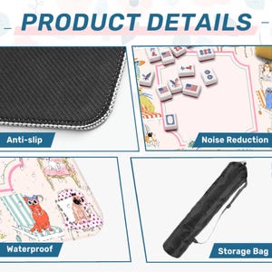 May include: A product details image showing a Mahjong game mat with features like anti-slip, noise reduction, and waterproof. The mat has a pink background with cartoon illustrations and comes with a black storage bag.