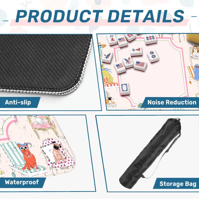 May include: A product details image showing a Mahjong game mat with features like anti-slip, noise reduction, and waterproof. The mat has a pink background with cartoon illustrations and comes with a black storage bag.