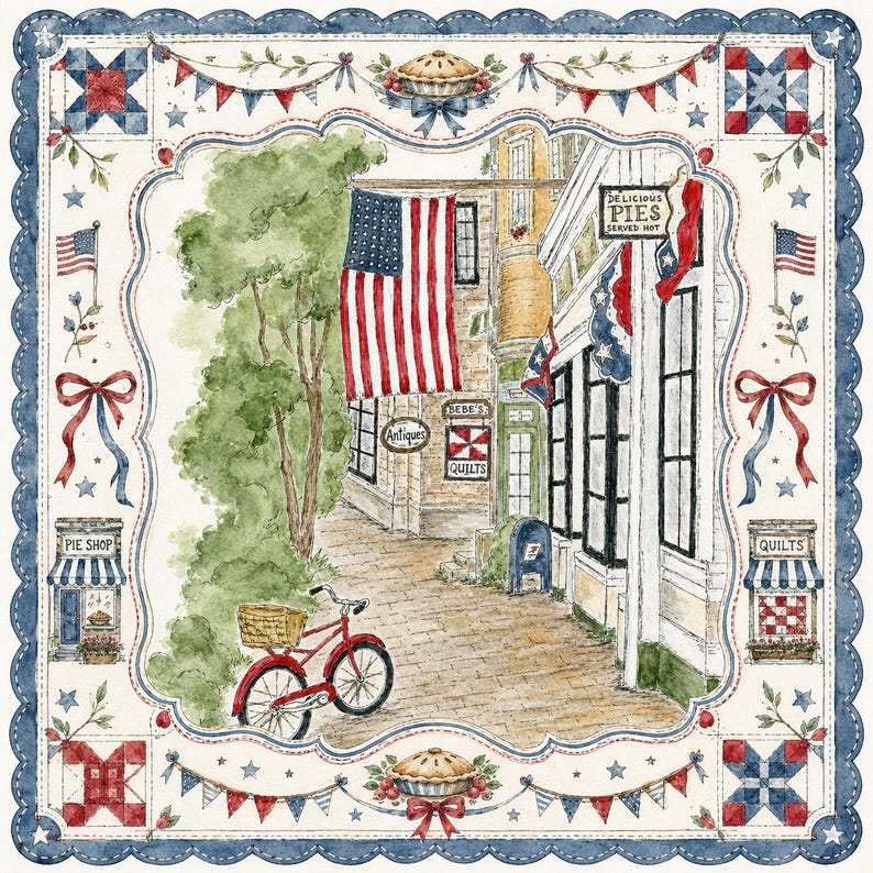 May include: A watercolour illustration depicting a charming American town scene. A red bicycle with a basket is parked on a brick street. Shops display flags and signs, including "Delicious Pies Served Hot" and "Antiques". The border features quilt blocks and bunting.