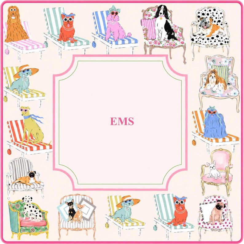 May include: A whimsical illustration featuring various dog breeds relaxing on beach chairs and ornate armchairs. The dogs are depicted in sunglasses and hats, with the text "EMS" in the center. The color palette includes pink, blue, orange, and green.