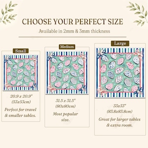 May include: A square patterned mat featuring a teal background with repeating oyster shell illustrations in pink, blue, and white. The border has blue and white stripes with pink accents. Sizes include 20.9 x 20.9 inches, 31.5 x 31.5 inches, and 33 x 33 inches, with 2mm and 3mm thickness options.