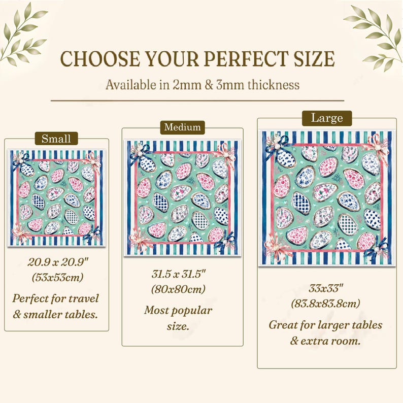 May include: A square patterned mat featuring a teal background with repeating oyster shell illustrations in pink, blue, and white. The border has blue and white stripes with pink accents. Sizes include 20.9 x 20.9 inches, 31.5 x 31.5 inches, and 33 x 33 inches, with 2mm and 3mm thickness options.