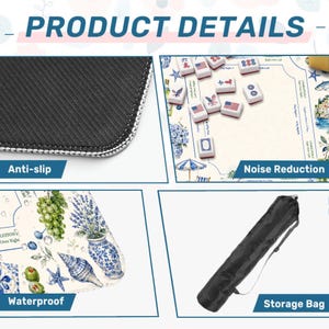May include: Image showcasing product details, including anti-slip, noise reduction, and waterproof features. The image also highlights a storage bag. The text "PRODUCT DETAILS" is at the top.
