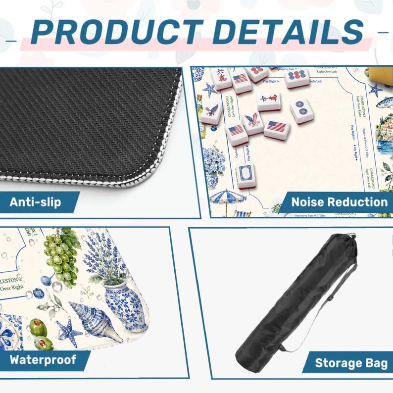 May include: Image showcasing product details, including anti-slip, noise reduction, and waterproof features. The image also highlights a storage bag. The text "PRODUCT DETAILS" is at the top.