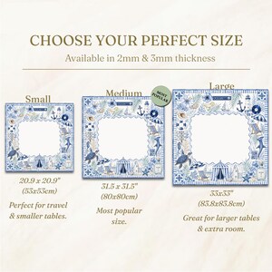 May include: Three square placemats with a coastal design, featuring anchors, turtles, and beach scenes, in small (20.9 x 20.9 inches), medium (31.5 x 31.5 inches), and large (33 x 33 inches) sizes. The text reads "CHOOSE YOUR PERFECT SIZE".