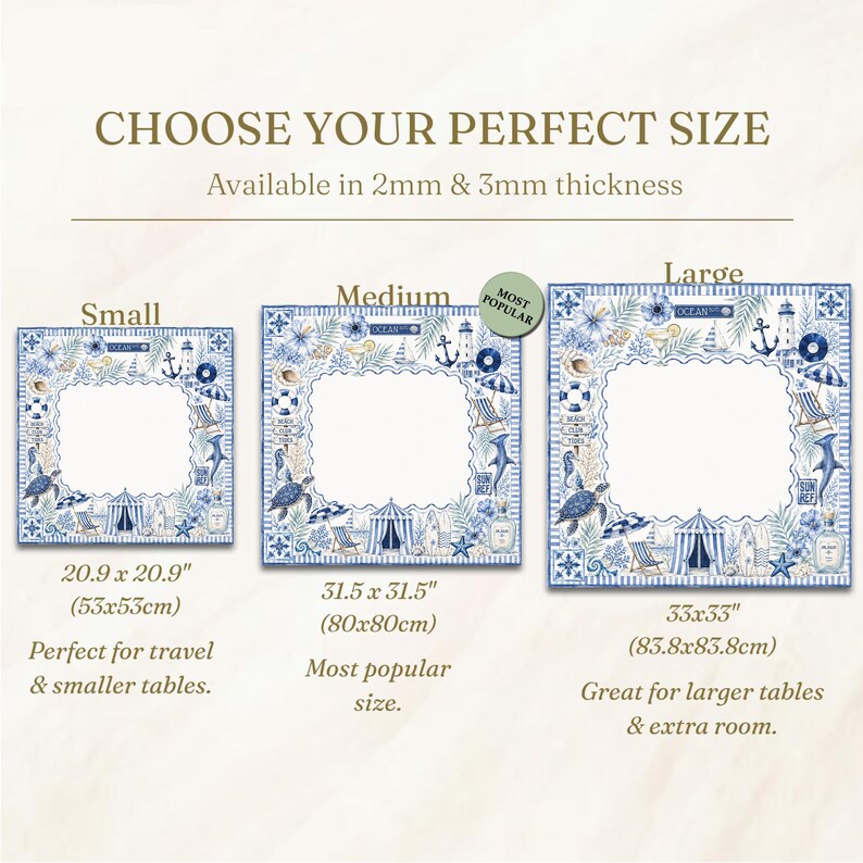 May include: Three square placemats with a coastal design, featuring anchors, turtles, and beach scenes, in small (20.9 x 20.9 inches), medium (31.5 x 31.5 inches), and large (33 x 33 inches) sizes. The text reads "CHOOSE YOUR PERFECT SIZE".