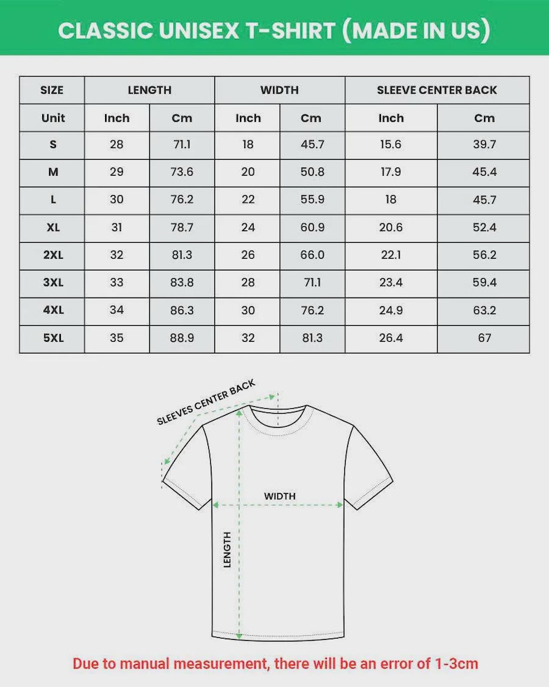 Puede incluir: Una tabla de tallas para una camiseta unisex cl&aacute;sica, con medidas en pulgadas y cent&iacute;metros. Las tallas van de la S a la 5XL, detallando las dimensiones de largo, ancho y centro de la manga trasera. El texto "CLASSIC UNISEX T-SHIRT (MADE IN US)" est&aacute; en la parte superior.