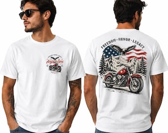 Patriotic Motorcycle T-Shirt, American Spirit Biker Tee, Freedom Honor Legacy Shirt, Bald Eagle US Flag Graphic, Vintage Cruiser Gift