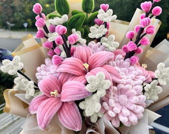 Blumenstrauß aus Pfeifenreinigern - Lilien | Dahlien | Schleierkraut | Vergissmeinnicht - Geschenk für Muttertag, Geburtstag oder Hochzeit