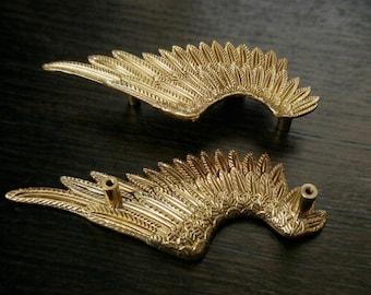 Gold Angel Wings Cabinet Pulls, Large Decorative Brass Wing Knobs for Wardrobe & Drawer, Ornate Furniture Hardware Pair, 167mm Unique Handle