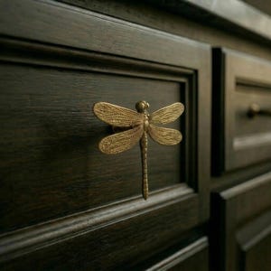 May include: A detailed, antique brass dragonfly cabinet pull is mounted on a dark stained wooden drawer. The dragonfly's wings are outstretched, and the body is elongated. The drawer is part of a larger cabinet with a matching pull.